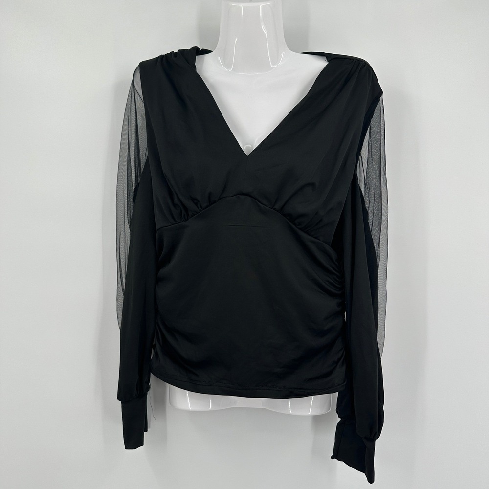 Womens Whimsigoth Baby Doll Top Sz L Black Sheer Sleeve Dark Romance Minimalist
